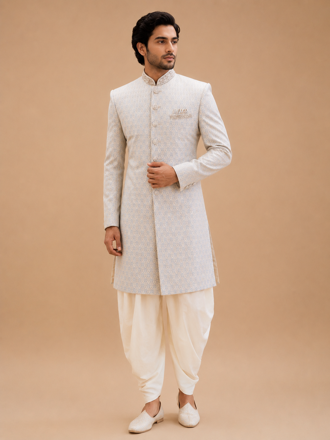 Men's Ice Blue Jacquard Sherwani Set with Dhoti Pants | Designer Wedding Ethnic Wear
