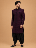 Men's Maroon Jacquard Sherwani Set with Black Dhoti Pants | Premium Designer Wedding Ethnic Wear