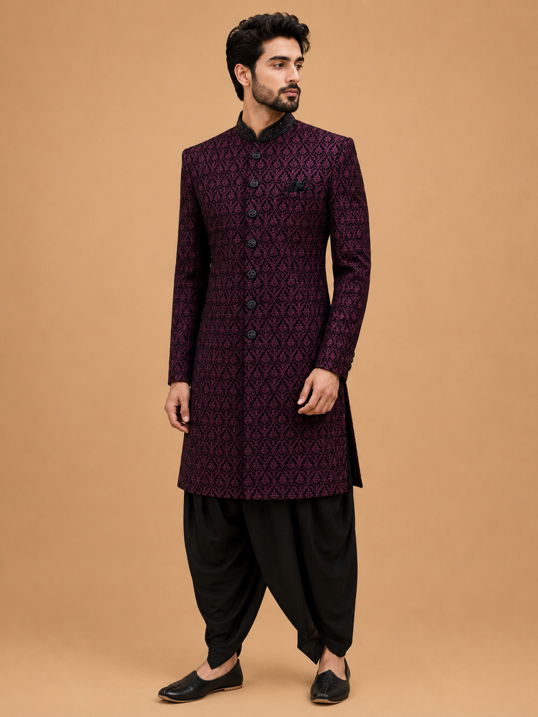 Men's Maroon Jacquard Sherwani Set with Black Dhoti Pants | Premium Designer Wedding Ethnic Wear