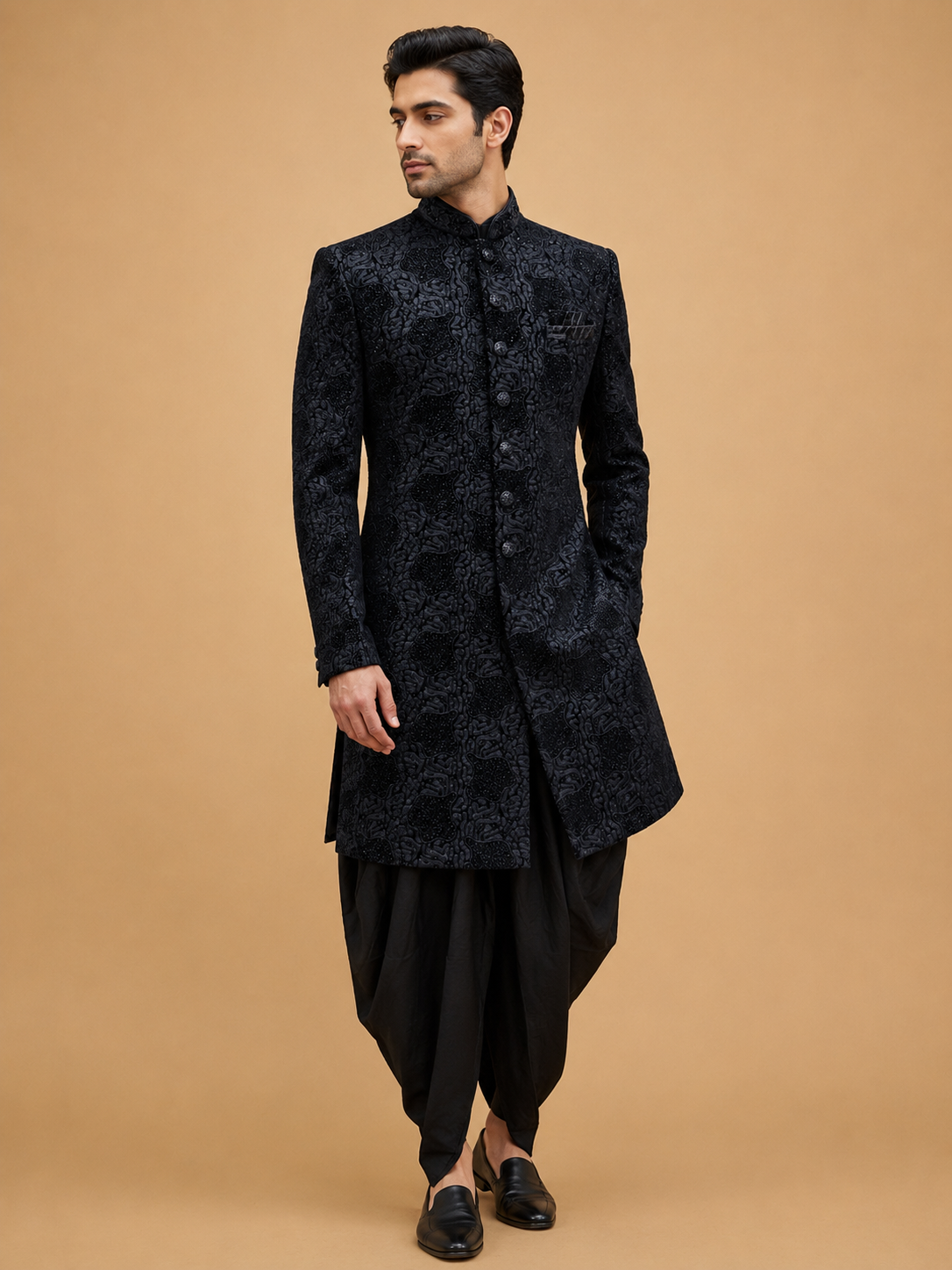 Men's Black Jacquard Sherwani Set with Black Dhoti Pants | Designer Wedding & Festive Ethnic Wear