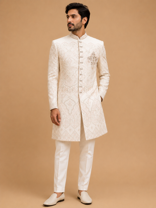 Men's cream embroidered wedding sherwani set