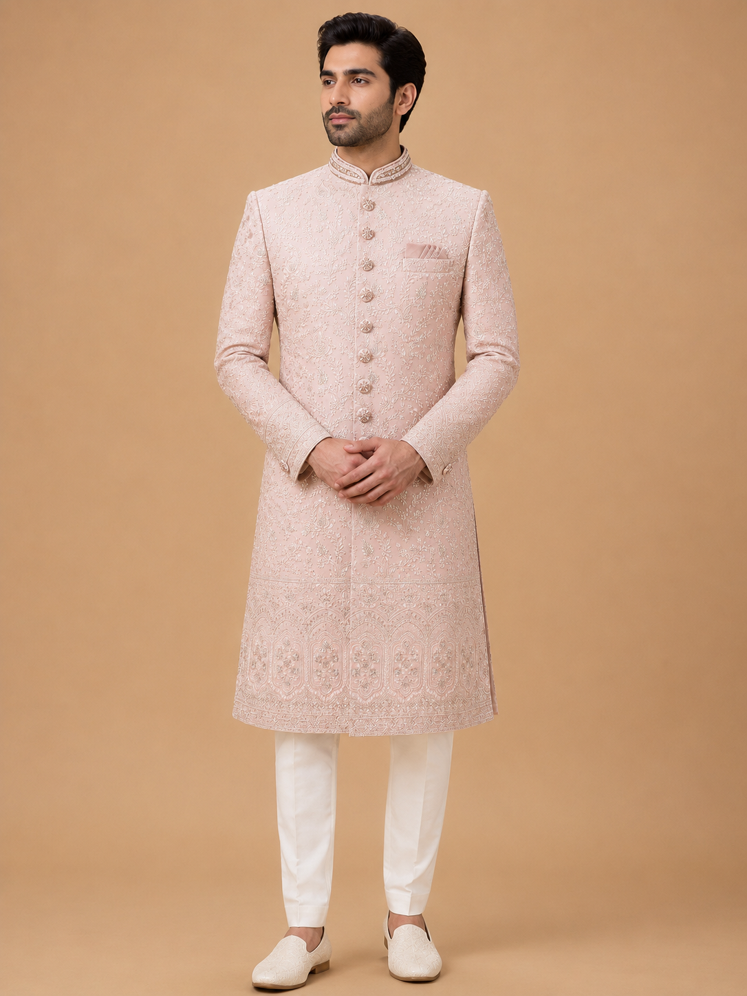 Men's Blush Pink Embroidered Sherwani Set | Premium Designer Wedding & Groom Ethnic Wear