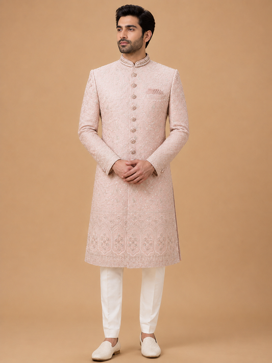 Men's blush pink embroidered wedding sherwani set