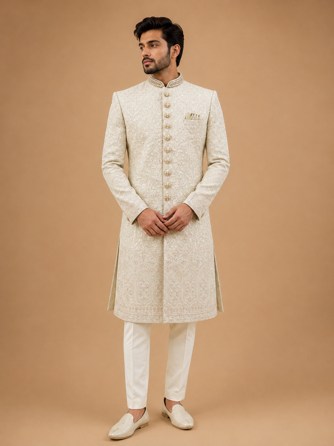 Men's Pista Green Embroidered Sherwani Set | Premium Designer Wedding & Groom Ethnic Wear