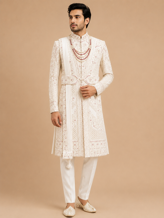 Men's premium cream embroidered groom sherwani with stole