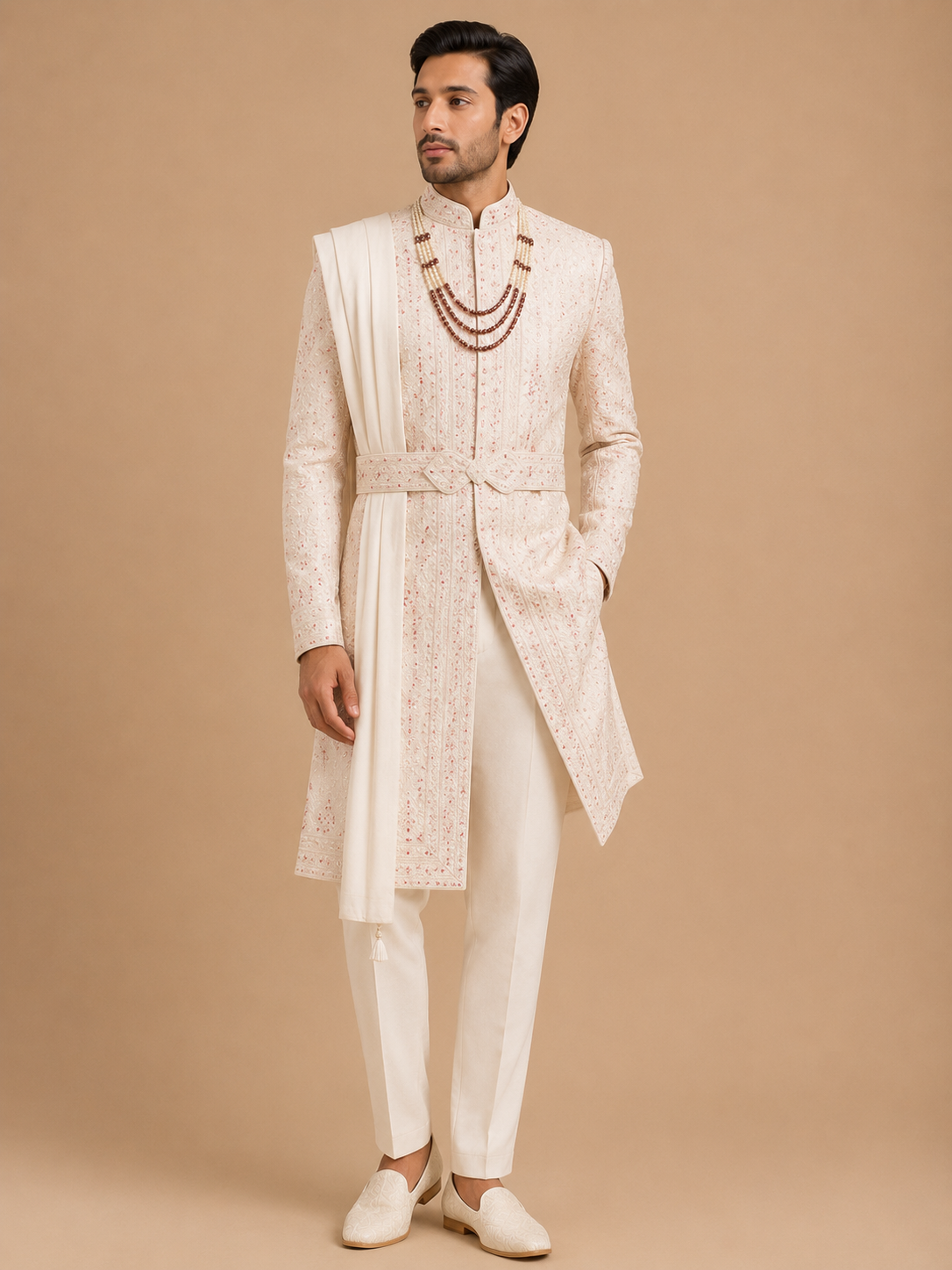 Men's Blush Pink Embroidered Sherwani Set with Stole | Premium Designer Groom Wedding Wear