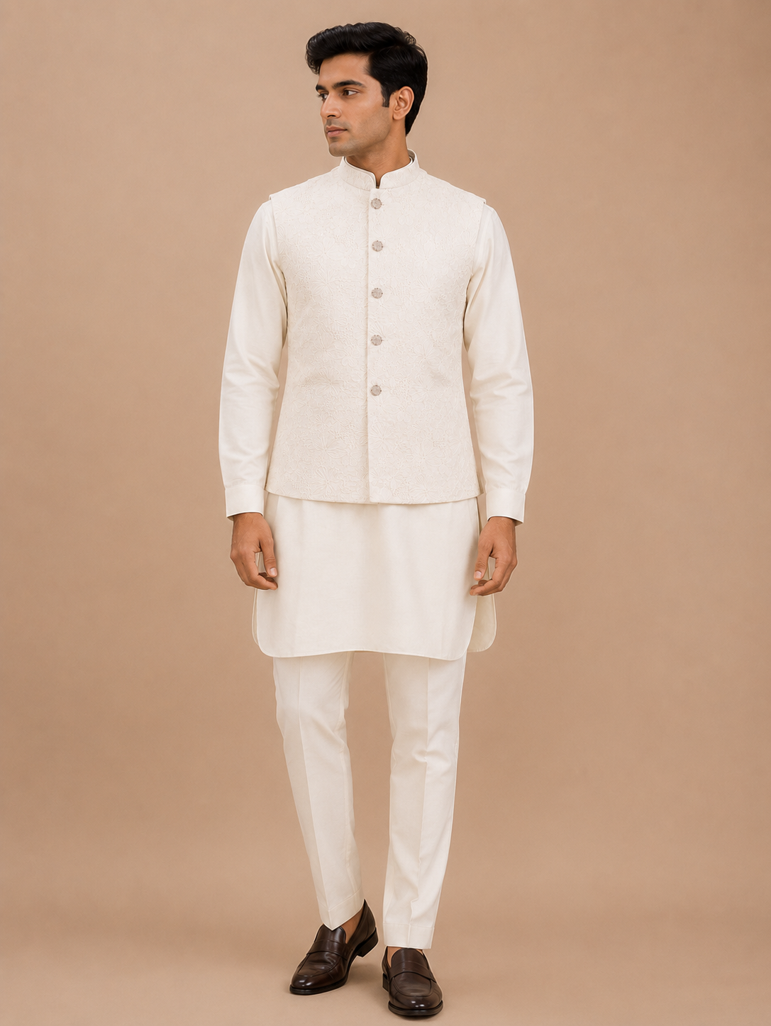 Men's Off-White Kurta Pajama with Embroidered Nehru Jacket | Premium Ethnic Wear for Weddings & Festive Occasions