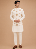 Men's Cream Kurta Pajama with Floral Embroidered Nehru Jacket | Premium Ethnic Wear for Weddings & Festive Occasions