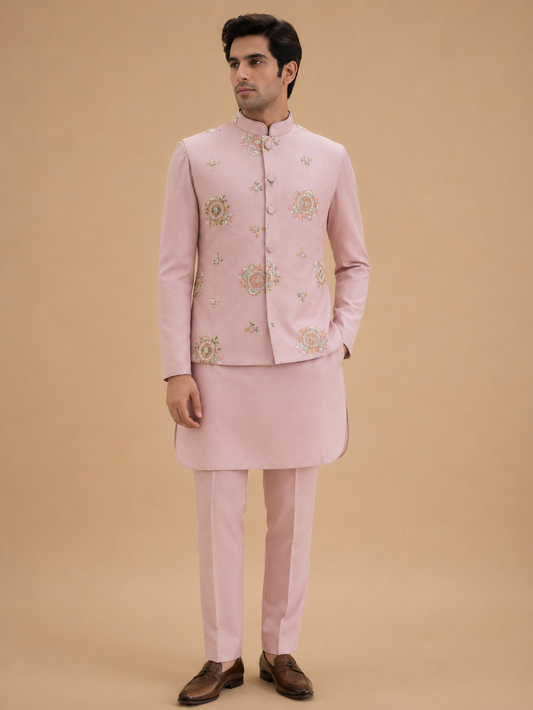 Men's onion pink kurta pajama with floral embroidered Nehru jacket