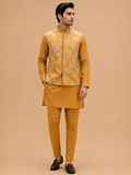 Men's Mustard Kurta Pajama with Embroidered Nehru Jacket | Premium Ethnic Wear for Weddings & Festive Occasions