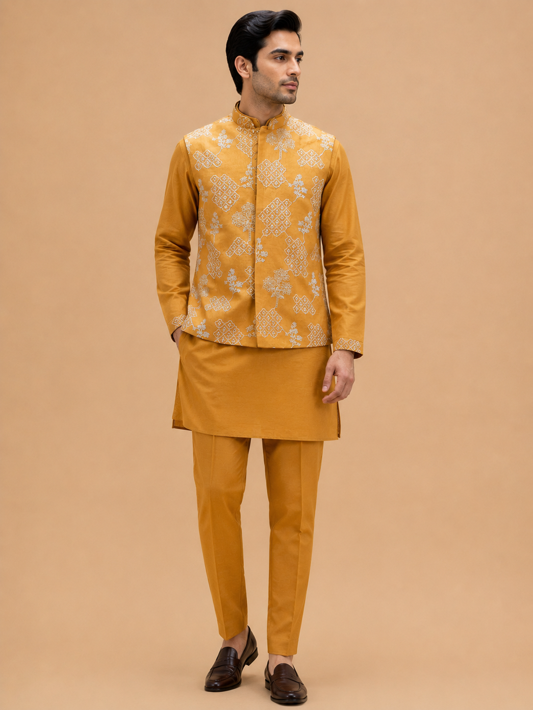 Men's Mustard Kurta Pajama with Embroidered Nehru Jacket | Premium Ethnic Wear for Weddings & Festive Occasions