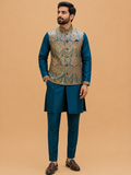 Men's Teal Kurta Pajama with Paisley Printed Nehru Jacket | Premium Ethnic Wear for Weddings & Festive Occasions