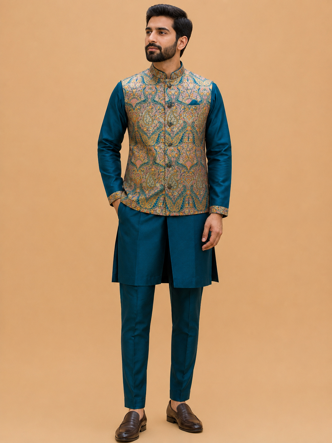 Men's Teal Kurta Pajama with Paisley Printed Nehru Jacket | Premium Ethnic Wear for Weddings & Festive Occasions