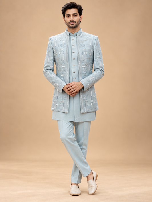Powder Blue Embroidered Sherwani Set for Men with Kurta & Trousers
