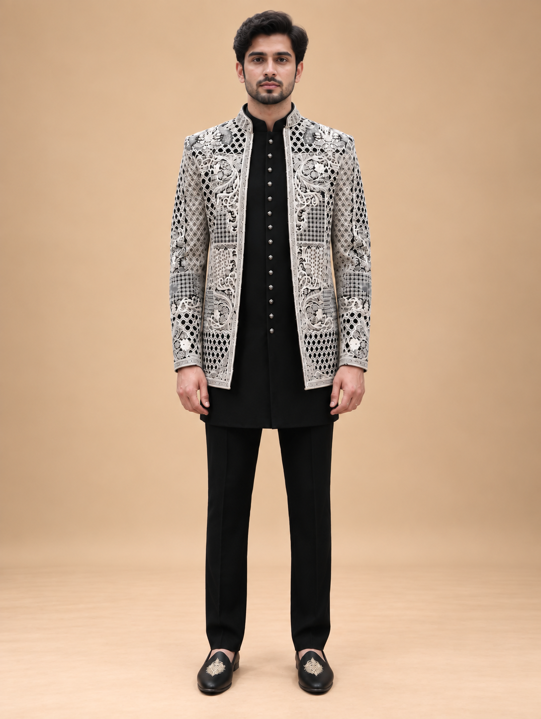Black & Ivory Embroidered Indo-Western Sherwani Set for Men