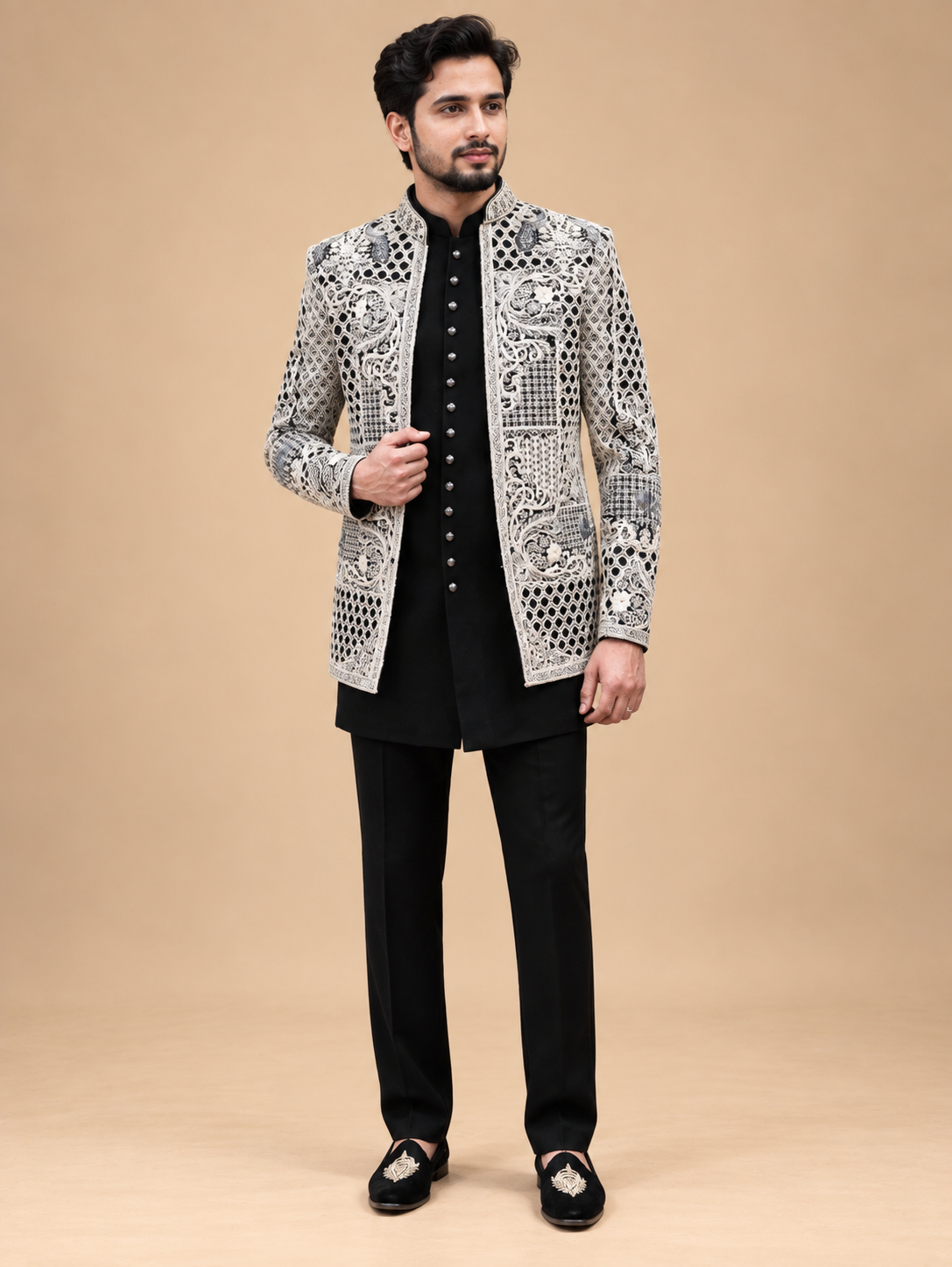 Black & Ivory Embroidered Indo-Western Sherwani Set for Men