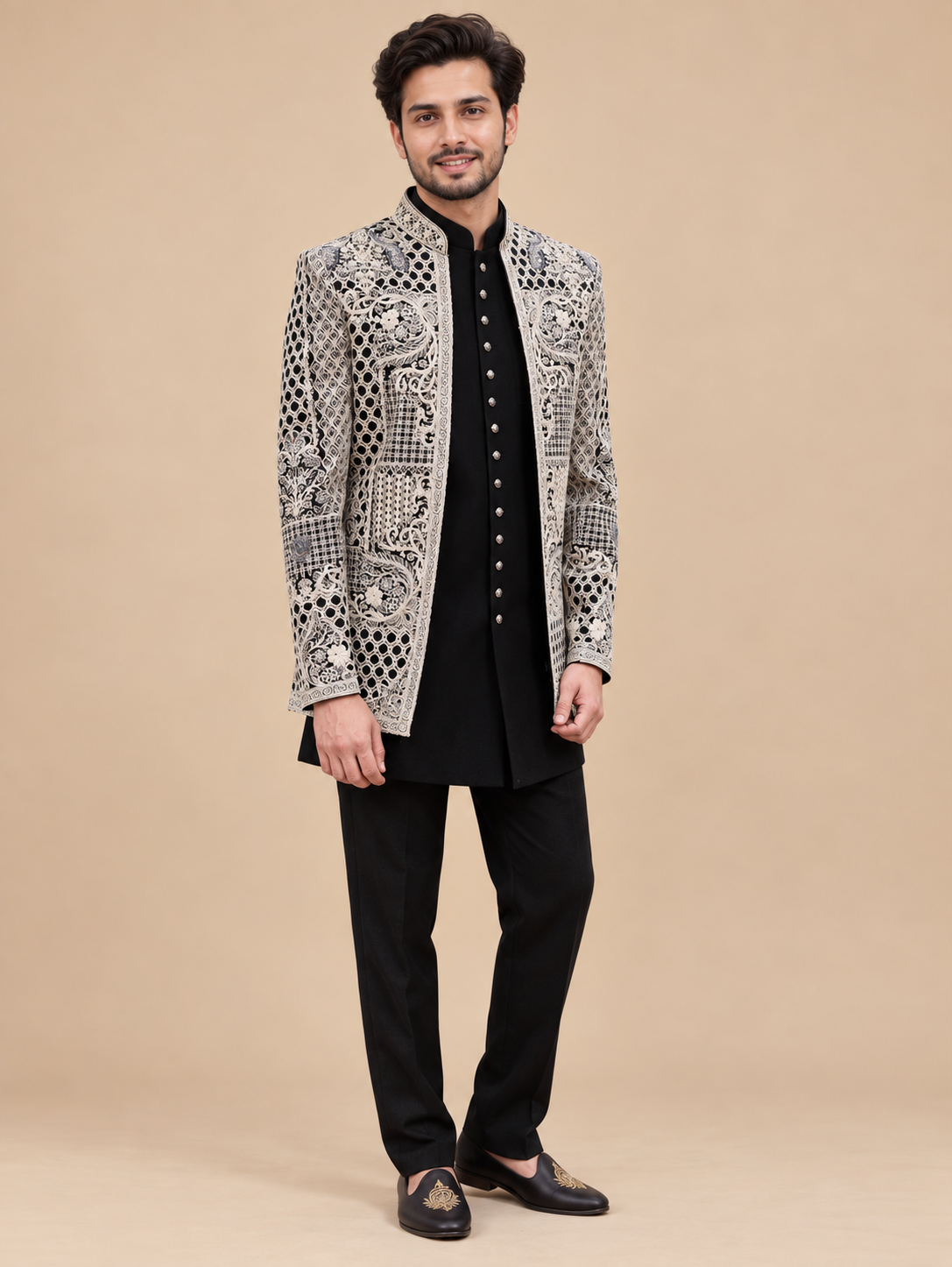 Black & Ivory Embroidered Indo-Western Sherwani Set for Men