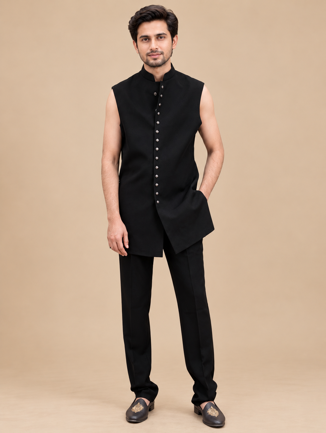 Black & Ivory Embroidered Indo-Western Sherwani Set for Men