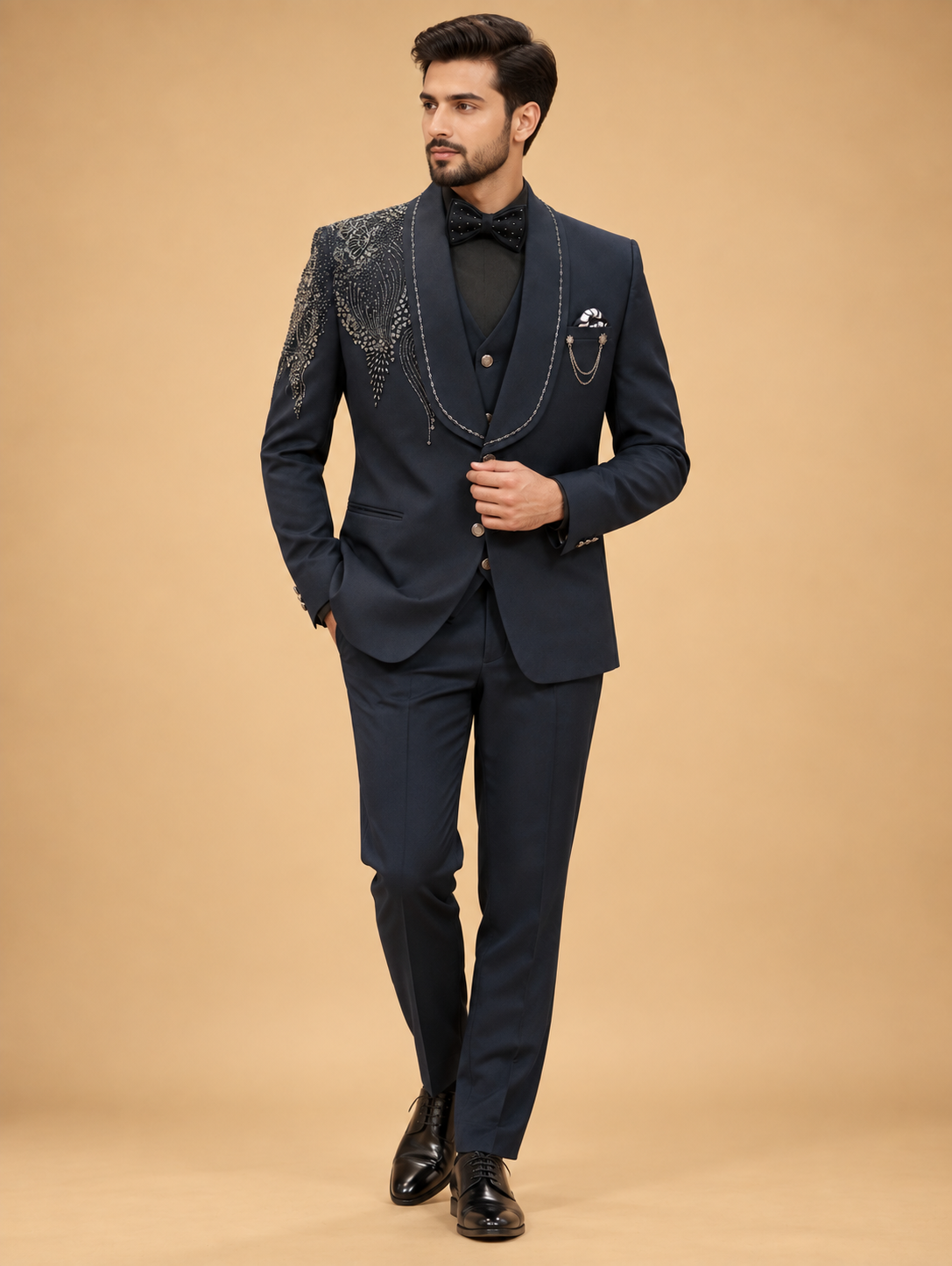 Midnight Navy 3-Piece Suit for Men with Embellished Blazer, Waistcoat & Bow Tie