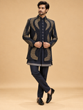 Midnight Navy & Gold Embellished Indo-Western Sherwani Set for Men