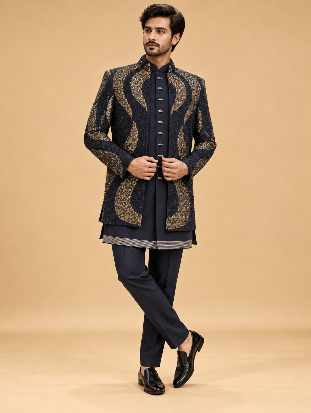 Midnight Navy & Gold Embellished Indo-Western Sherwani Set for Men