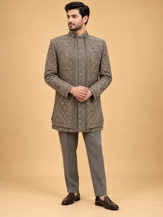 Front view of Grey Embroidered Designer Sherwani for Men by Guptas Textiles Annexe, Bengaluru