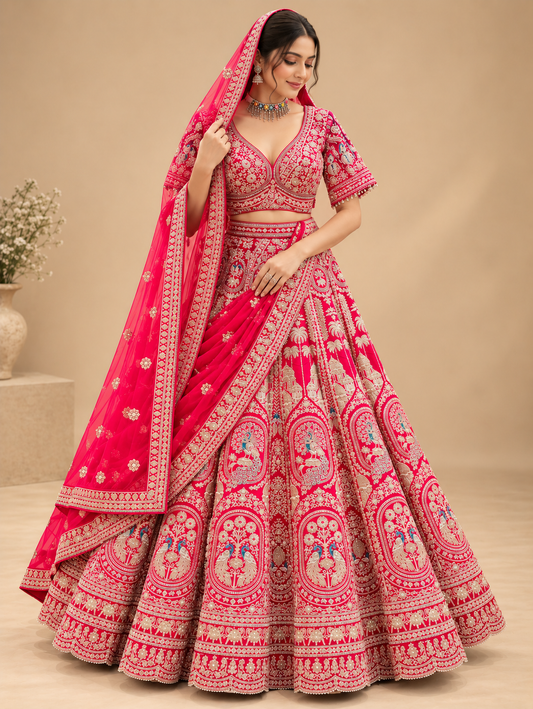 Front view of Red Embroidered Bridal Lehenga Choli with Dupatta by ASMA