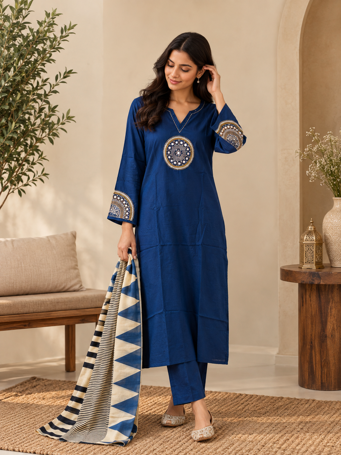 Front view of Navy Blue Embroidered Kurta Pant Set with Printed Dupatta by ASMA, Bengaluru