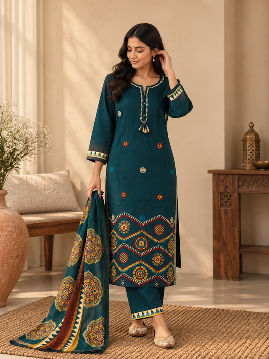 Front view of Teal Embroidered Kurta Pant Set with Dupatta by ASMA, Bengaluru