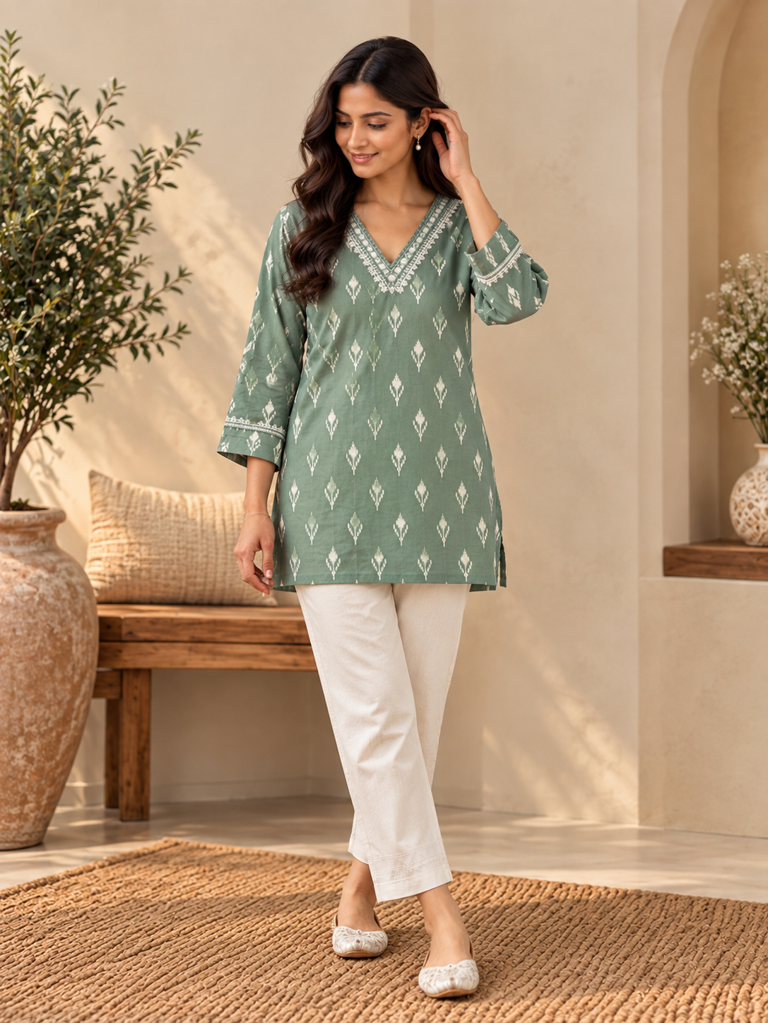Front view of Green Printed Kurta with White Pants by ASMA, Bengaluru
