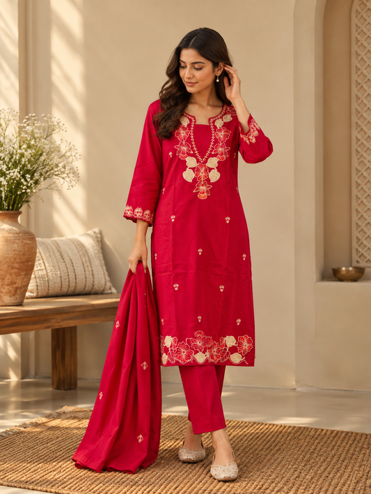 Front view of Pink Embroidered Kurta Set with Matching Pants & Dupatta by ASMA, Bengaluru