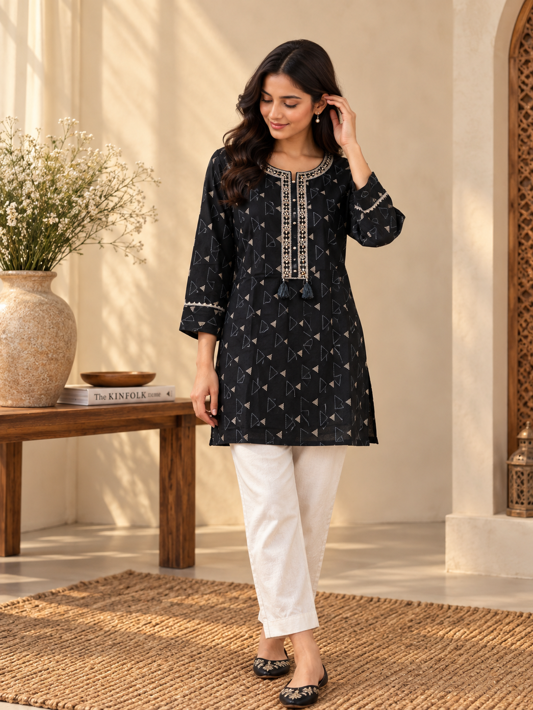 Front view of Black Printed Kurta with White Pants by ASMA, Bengaluru