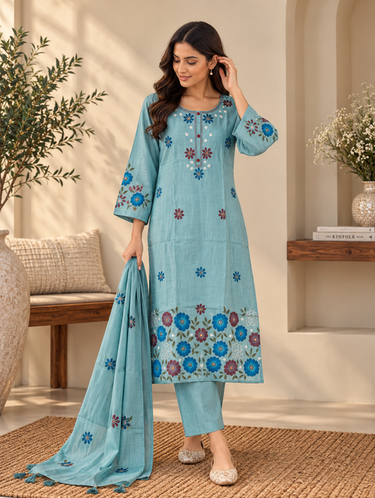 Front view of Blue Floral Embroidered Kurta Set with Matching Pants & Dupatta by ASMA, Bengaluru
