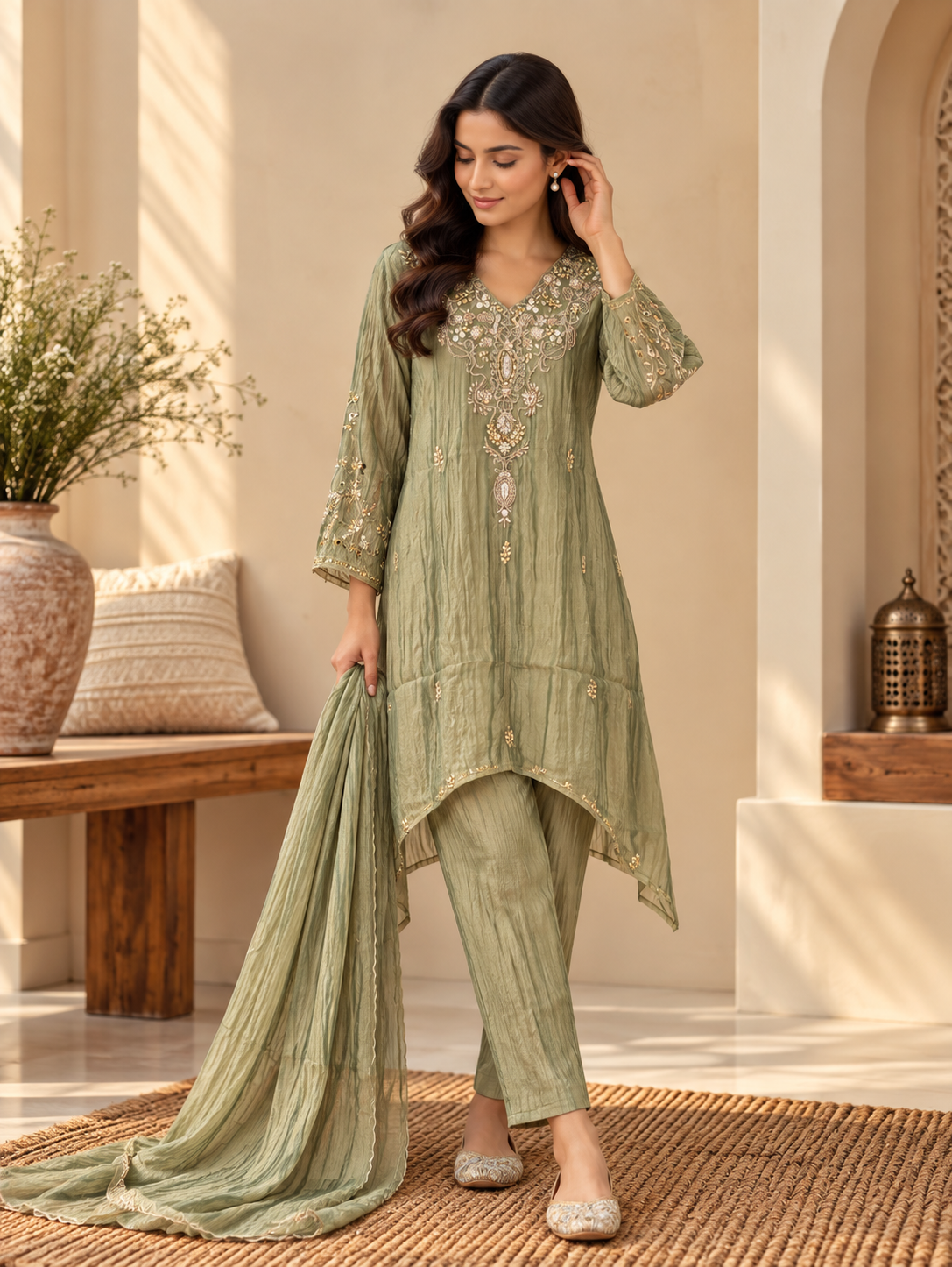 Front view of Green Embroidered Kurta Set with Dupatta & Matching Pants by ASMA, Bengaluru
