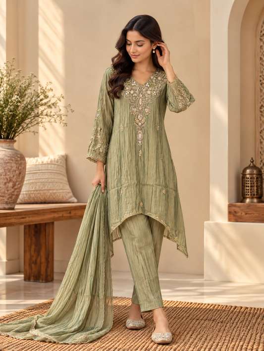Front view of Green Embroidered Kurta Set with Dupatta & Matching Pants by ASMA, Bengaluru