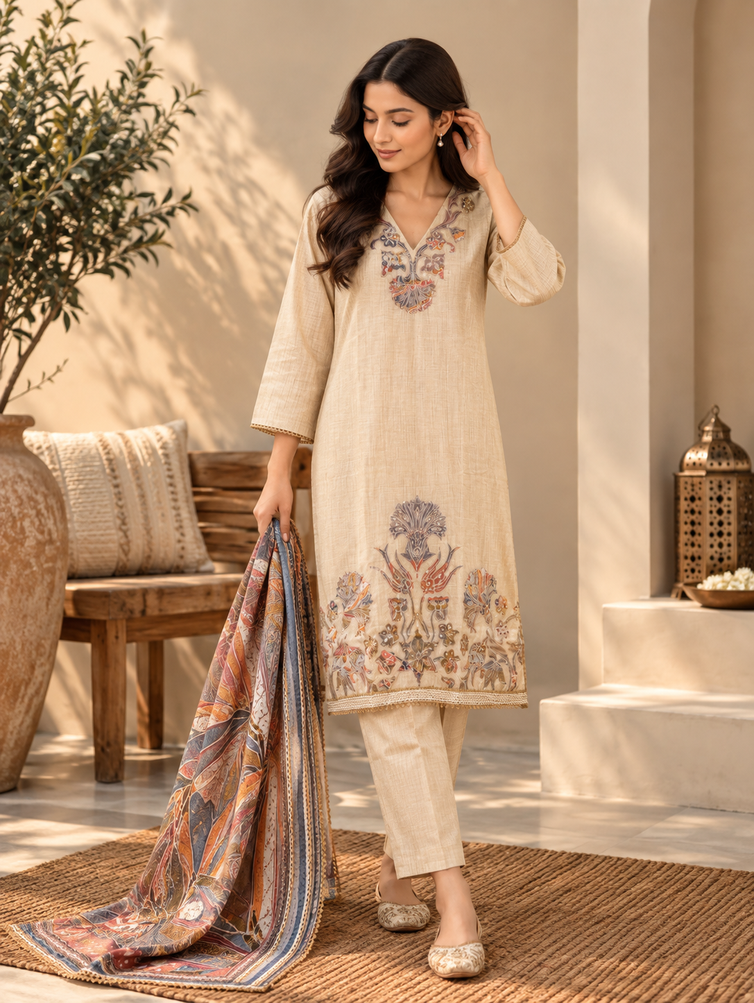 Front view of Beige Embroidered Kurta Set with Printed Dupatta & Matching Pants by ASMA, Bengaluru