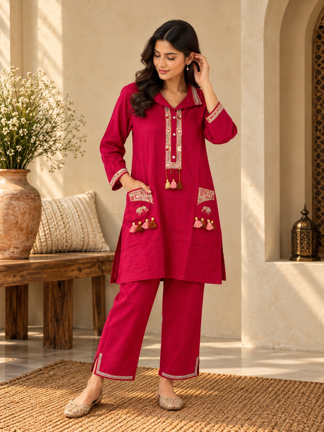 Front view of Pink Embroidered Kurta Pant Set for Women with Tassel Detailing by ASMA, Bengaluru