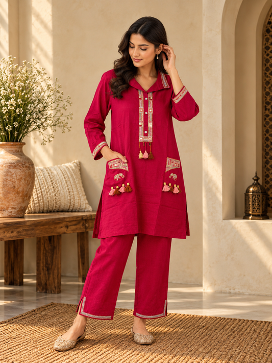 Front view of Pink Embroidered Kurta Pant Set for Women with Tassel Detailing by ASMA, Bengaluru