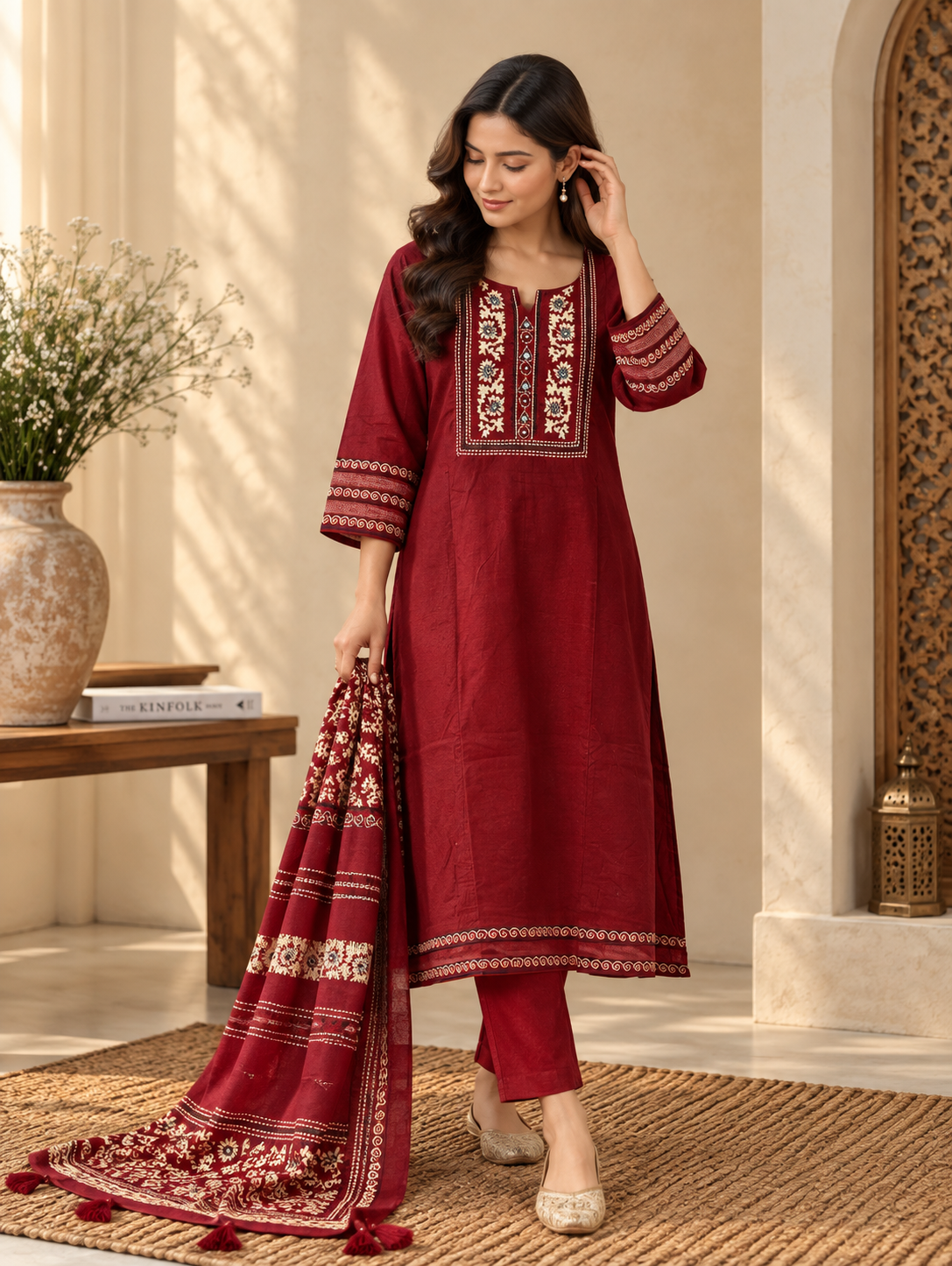 Front view of Maroon Embroidered Kurta Pant Set for Women with Printed Dupatta by ASMA, Bengaluru