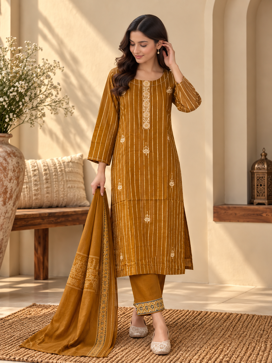 Front view of Mustard Embroidered Kurta Pant Set for Women with Printed Dupatta by ASMA, Bengaluru
