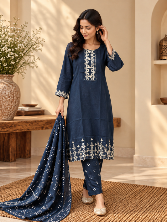 Front view of Blue Embroidered Kurta Pant Set for Women with Printed Dupatta by ASMA, Bengaluru