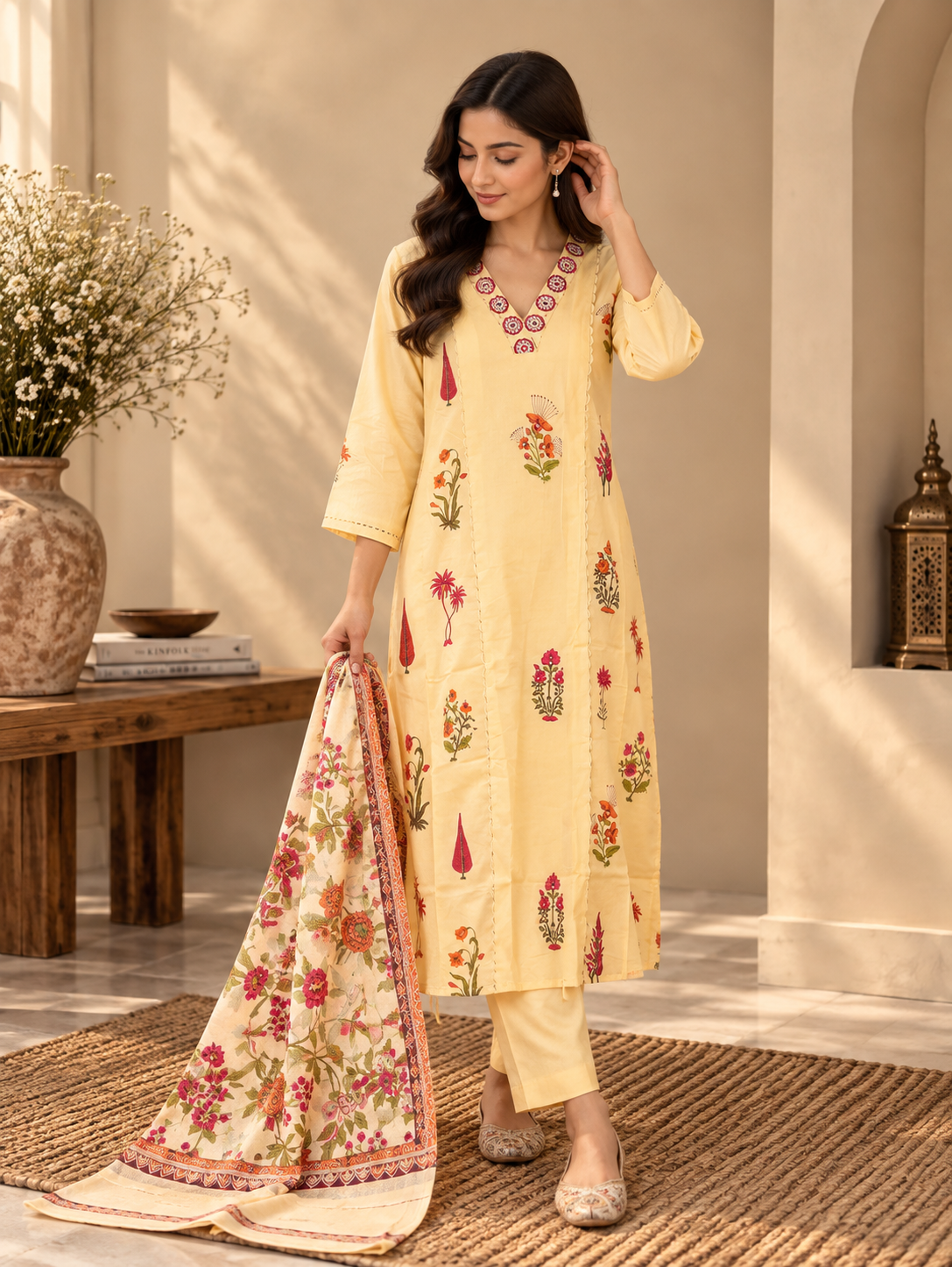 Front view of Yellow Floral Printed Kurta Pant Set for Women with Printed Dupatta by ASMA, Bengaluru
