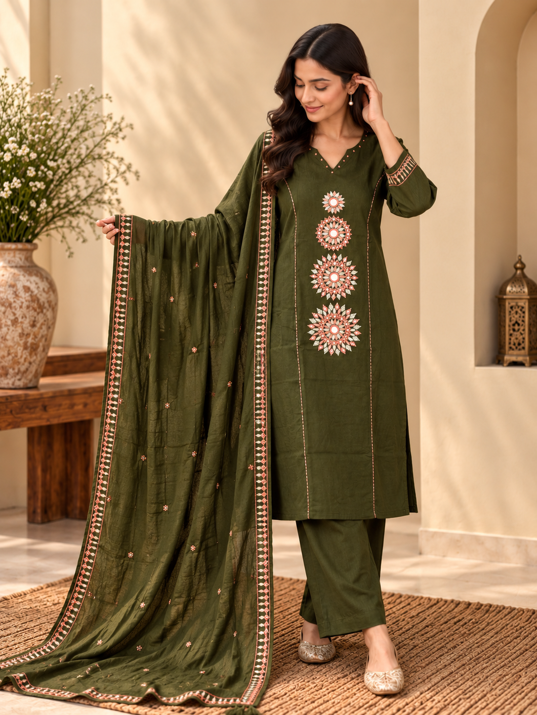 Front view of Olive Green Embroidered Kurta Pant Set with Dupatta by ASMA, Bengaluru