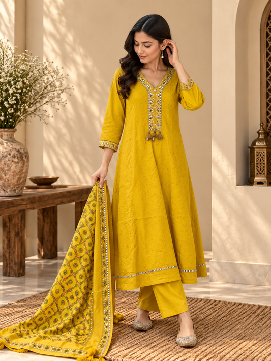 Front view of Mustard Yellow Embroidered Kurta Pant Set with Dupatta by ASMA, Bengaluru