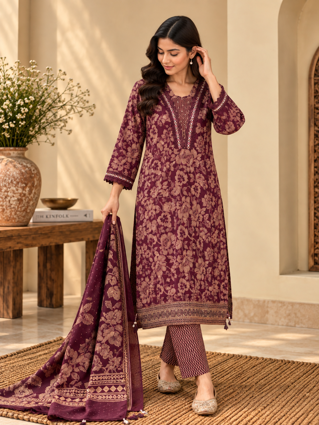Front view of Purple Floral Printed Kurta Pant Set with Dupatta by ASMA, Bengaluru