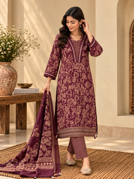 Front view of Purple Floral Printed Kurta Pant Set with Dupatta by ASMA, Bengaluru