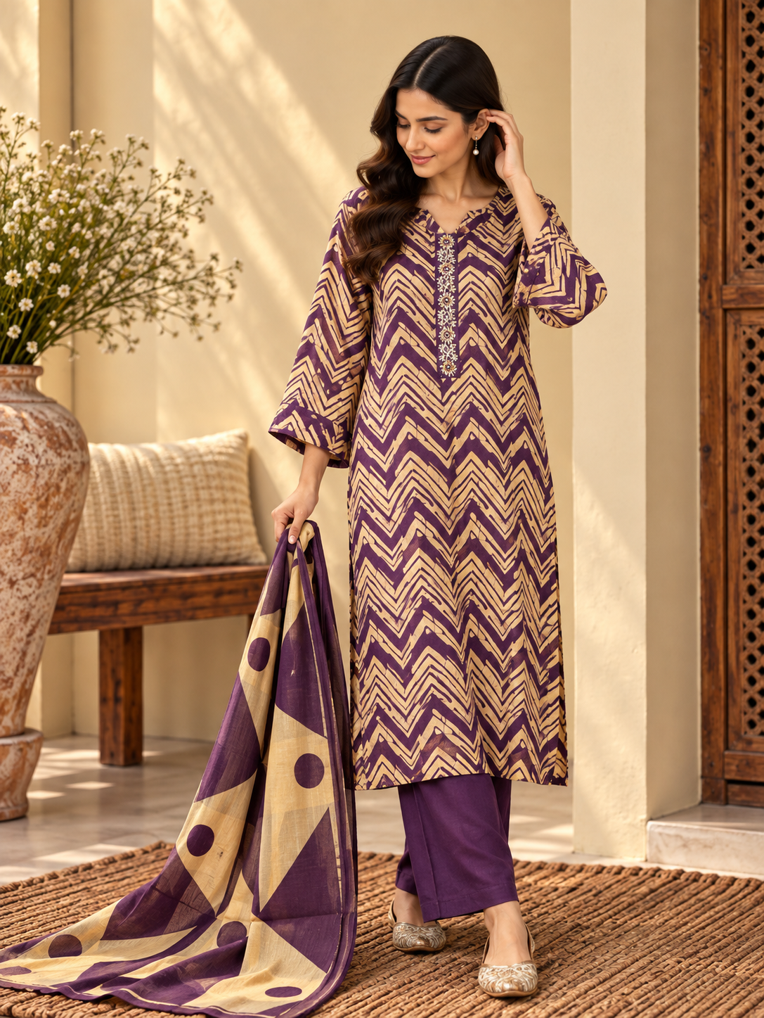 Front view of Purple Chevron Printed Kurta Pant Set with Dupatta by ASMA, Bengaluru