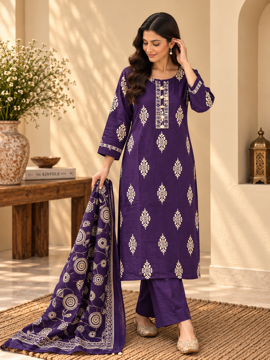 Front view of Purple Printed Kurta Pant Set with Dupatta by ASMA, Bengaluru