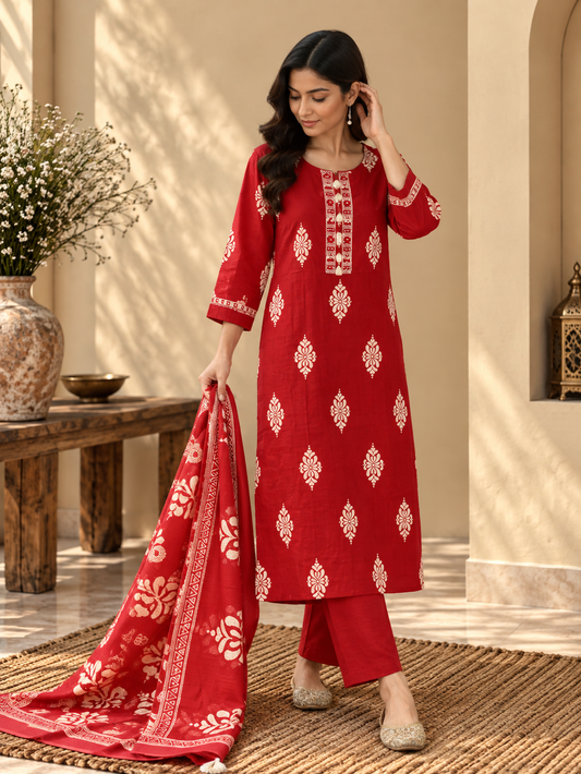 Front view of Red Printed Kurta Pant Set with Dupatta by ASMA, Bengaluru