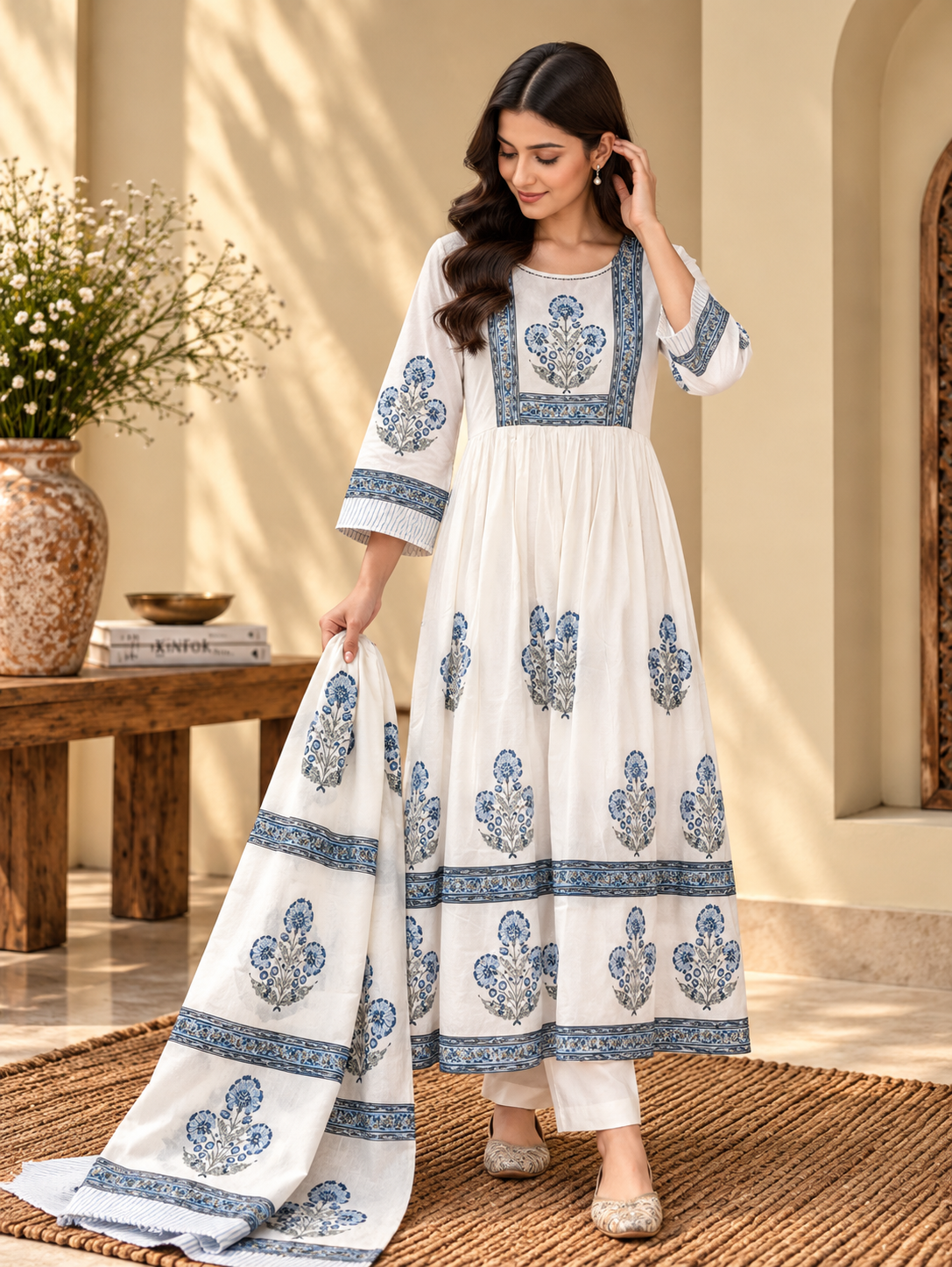 Front view of White & Blue Printed Anarkali Suit Set with Dupatta by ASMA, Bengaluru